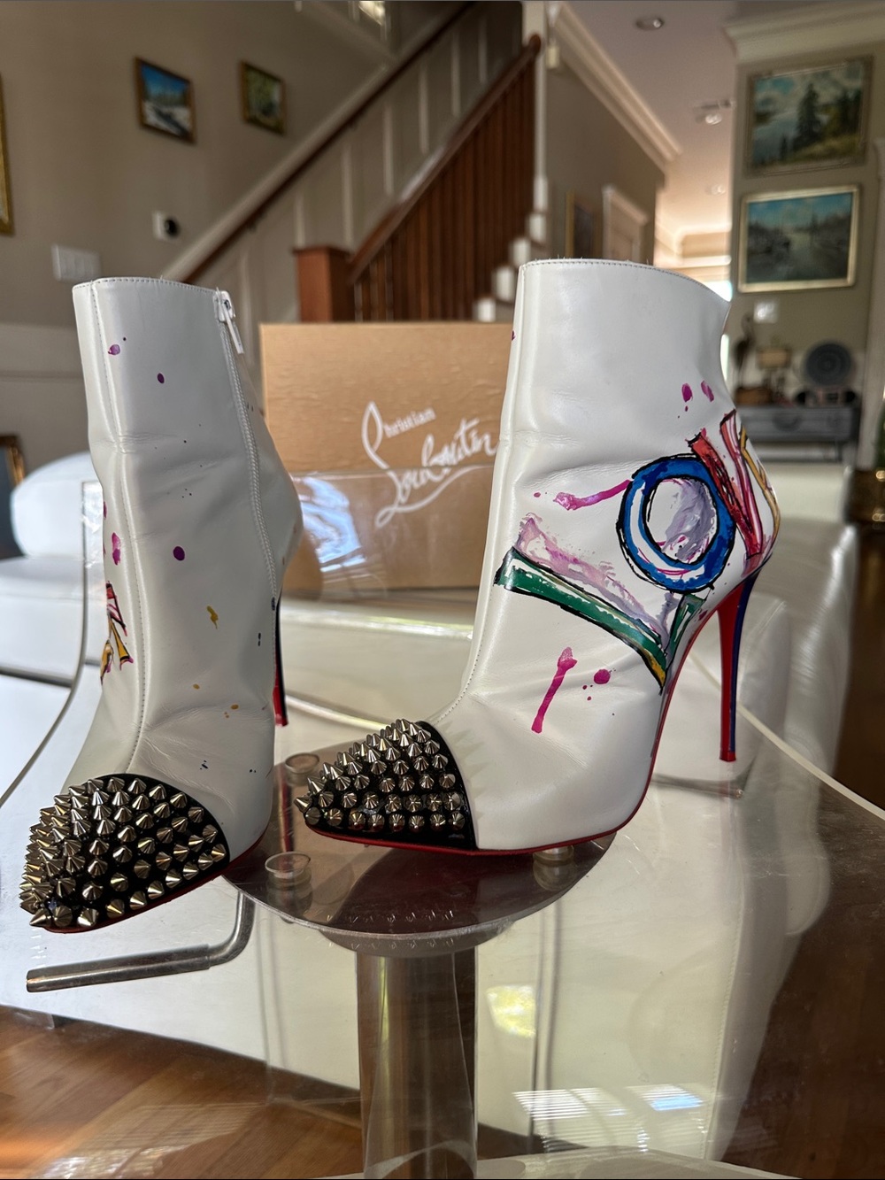 Christian Louboutin White Leather Hand-Painted Spike-Toe Ankle Boots